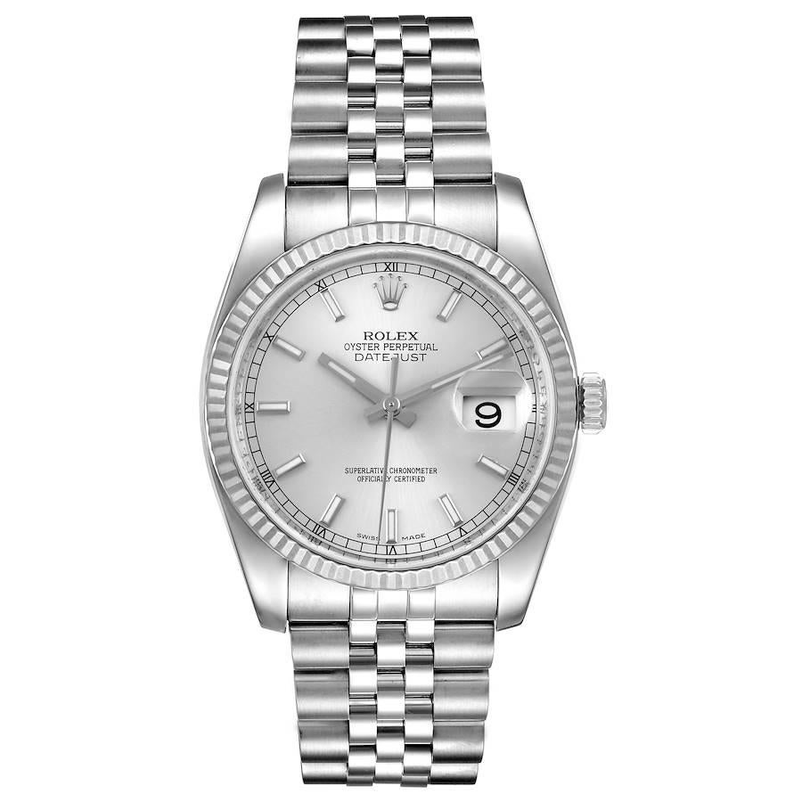 Rolex Datejust Steel White Gold Silver Dial Mens Watch 116234. Officially certified chronometer self-winding movement. Stainless steel case 36.0 mm in diameter. Rolex logo on a crown. 18K white gold fluted bezel. Scratch resistant sapphire crystal