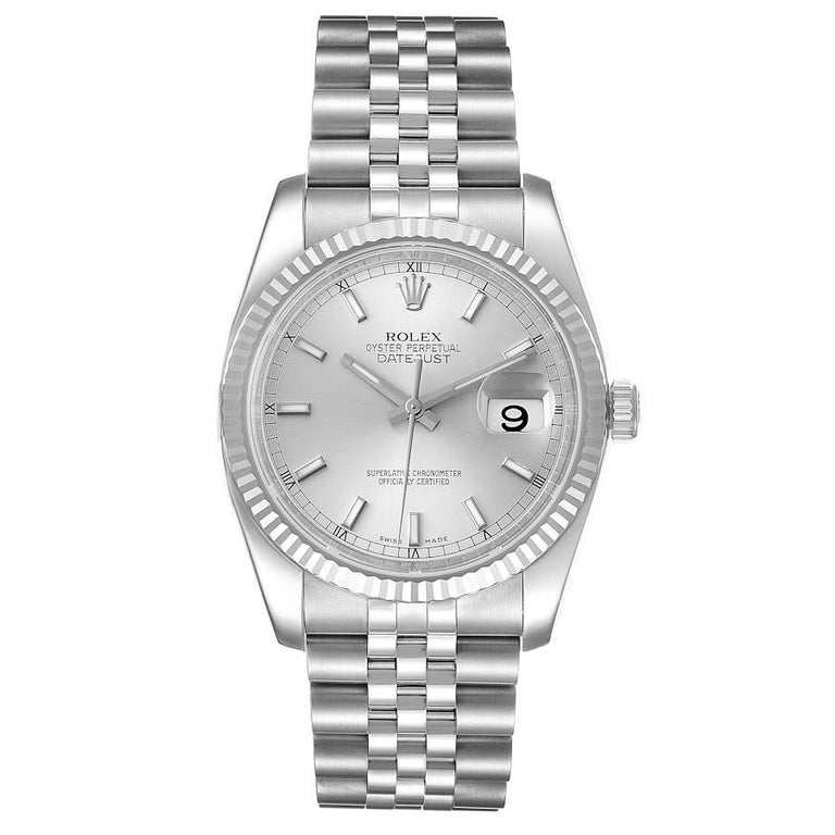 Rolex Datejust Steel White Gold Silver Dial Mens Watch 116234. Officially certified chronometer self-winding movement. Stainless steel case 36.0 mm in diameter.  Rolex logo on a crown. 18K white gold fluted bezel. Scratch resistant sapphire crystal