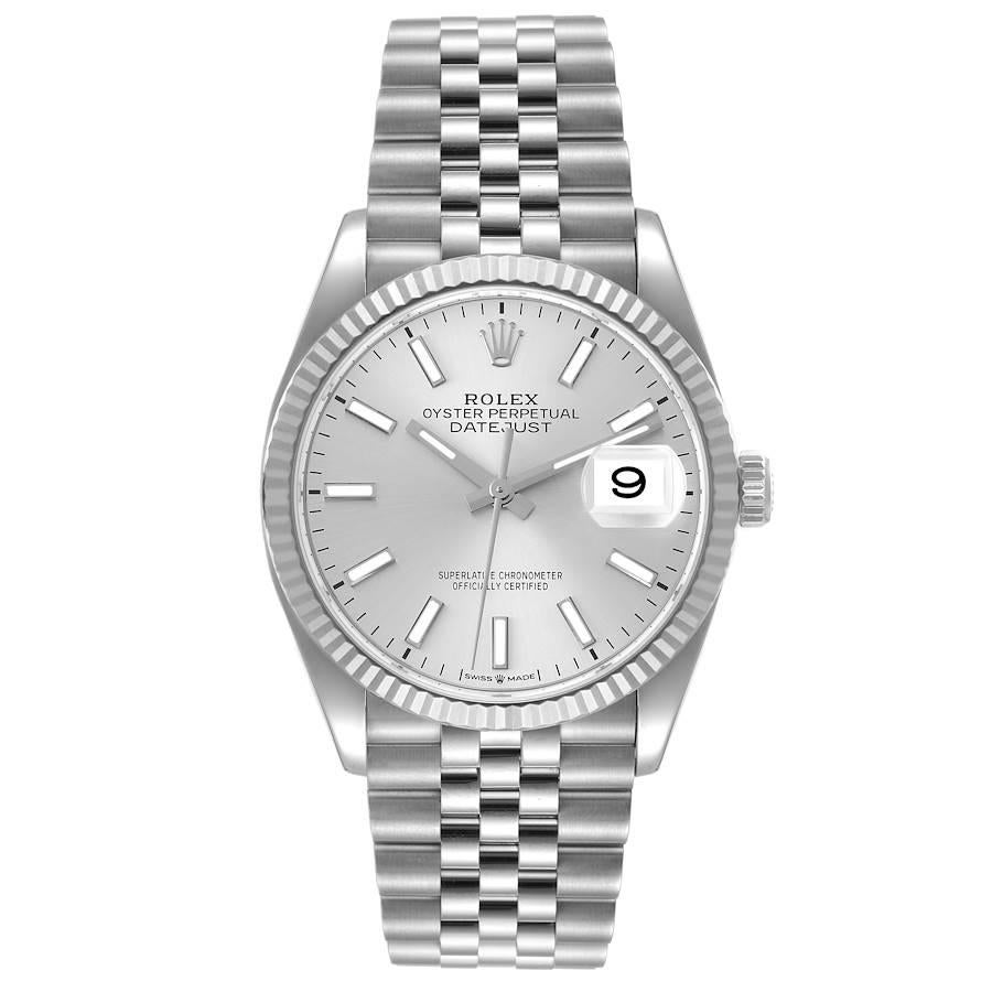 Rolex Datejust Steel White Gold Silver Dial Mens Watch 126234 Box Card. Officially certified chronometer self-winding movement. Stainless steel case 36.0 mm in diameter.  Rolex logo on a crown. 18K white gold fluted bezel. Scratch resistant sapphire