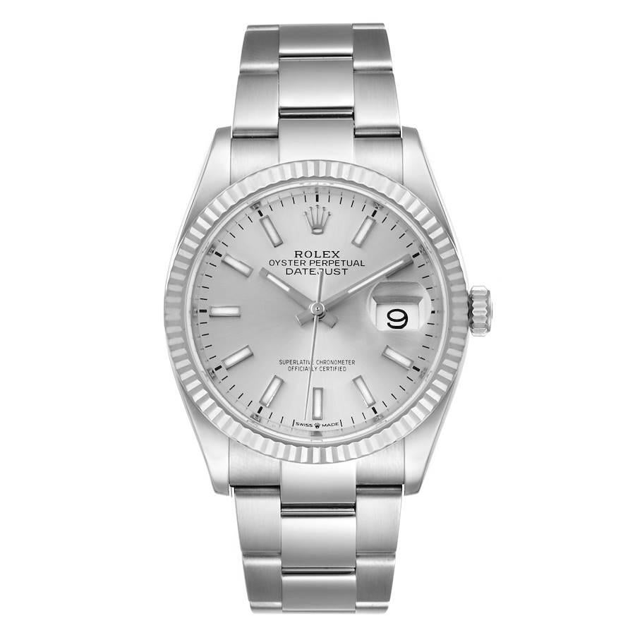 Rolex Datejust Steel White Gold Silver Dial Mens Watch 126234. Officially certified chronometer self-winding movement. Stainless steel case 36.0 mm in diameter.  Rolex logo on a crown. 18K white gold fluted bezel. Scratch resistant sapphire crystal