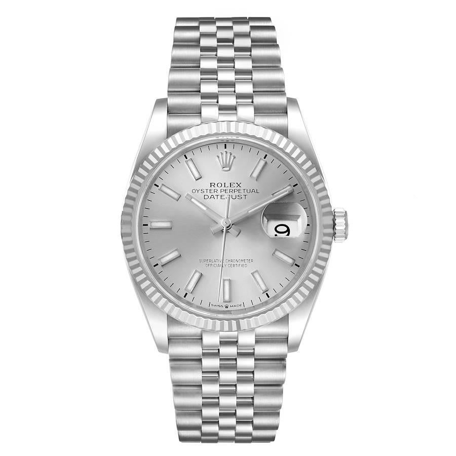 Rolex Datejust Steel White Gold Silver Dial Mens Watch 126234 Unworn. Officially certified chronometer self-winding movement. Stainless steel case 36.0 mm in diameter.  Rolex logo on a crown. 18K white gold fluted bezel. Scratch resistant sapphire