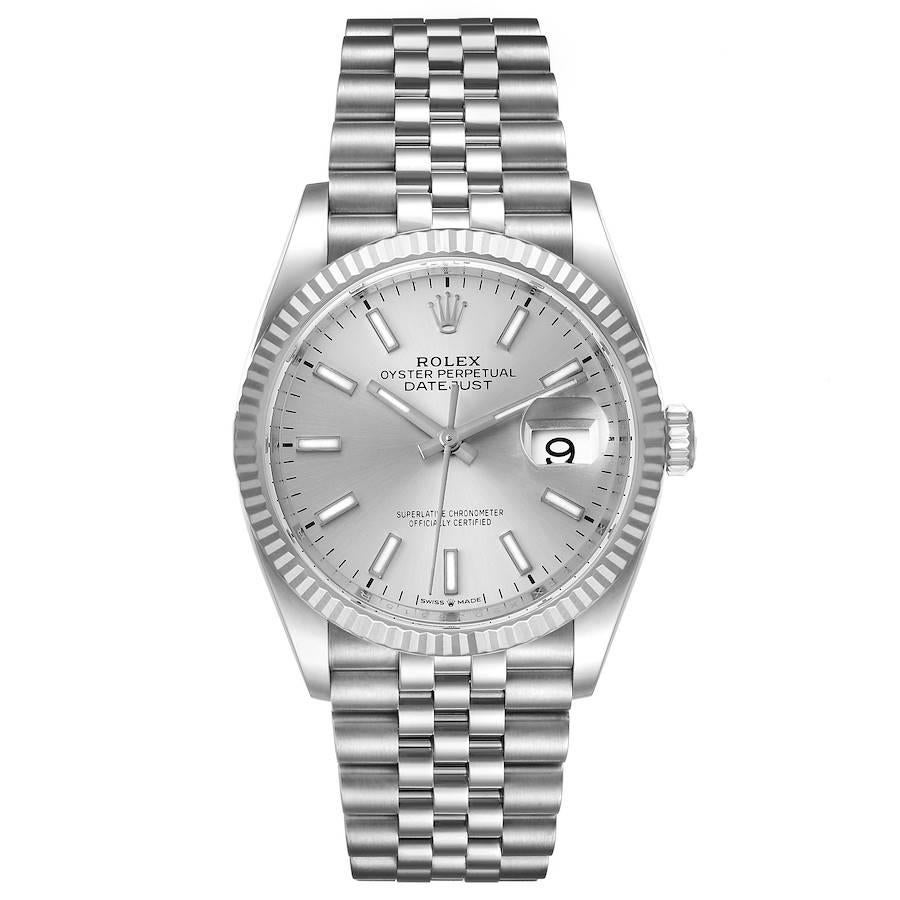 Rolex Datejust Steel White Gold Silver Dial Mens Watch 126234 Unworn. Officially certified chronometer self-winding movement. Stainless steel case 36.0 mm in diameter.  Rolex logo on a crown. 18K white gold fluted bezel. Scratch resistant sapphire