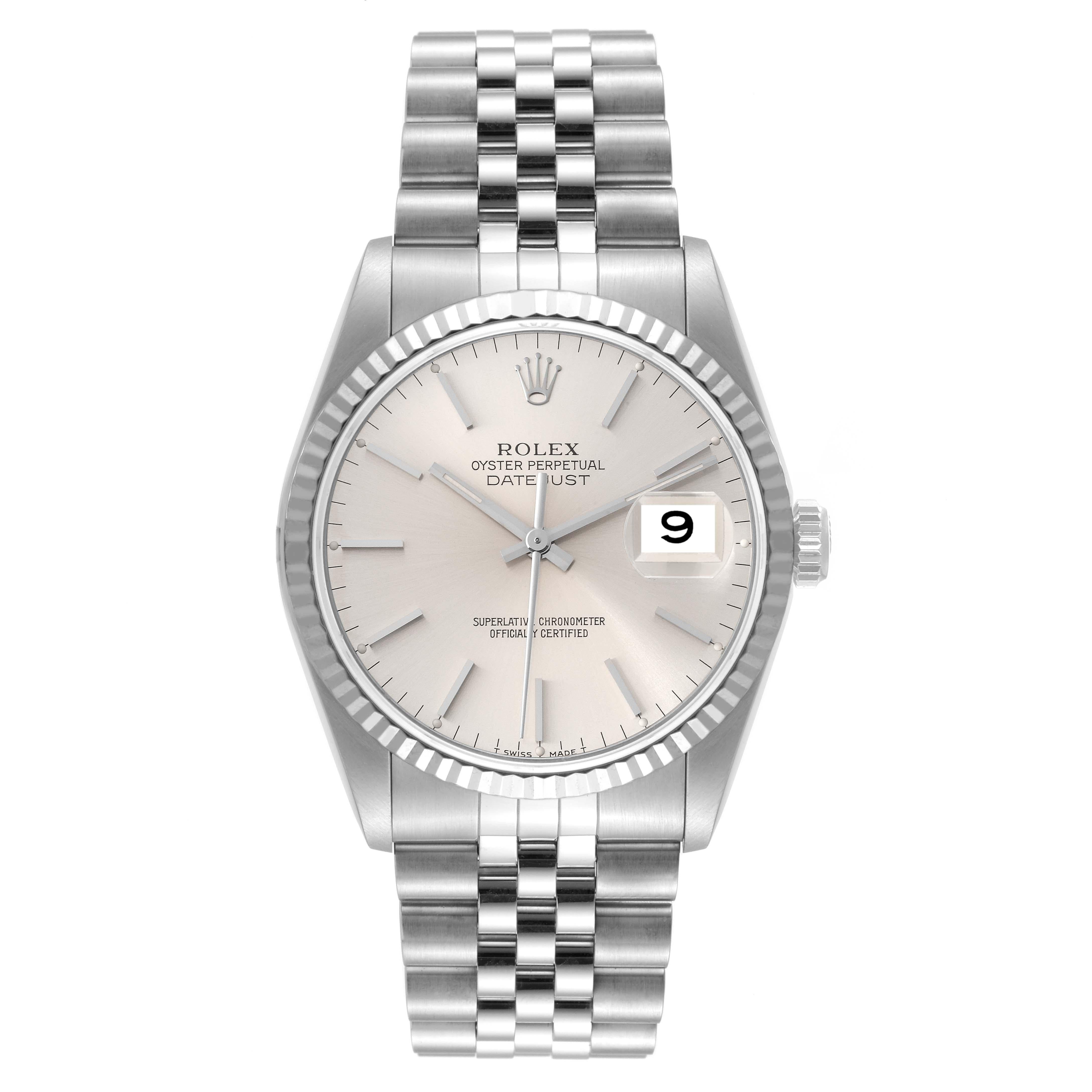 Rolex Datejust Steel White Gold Silver Dial Mens Watch 16234. Officially certified chronometer automatic self-winding movement. Stainless steel oyster case 36 mm in diameter. Rolex logo on the crown. 18k white gold fluted bezel. Scratch resistant