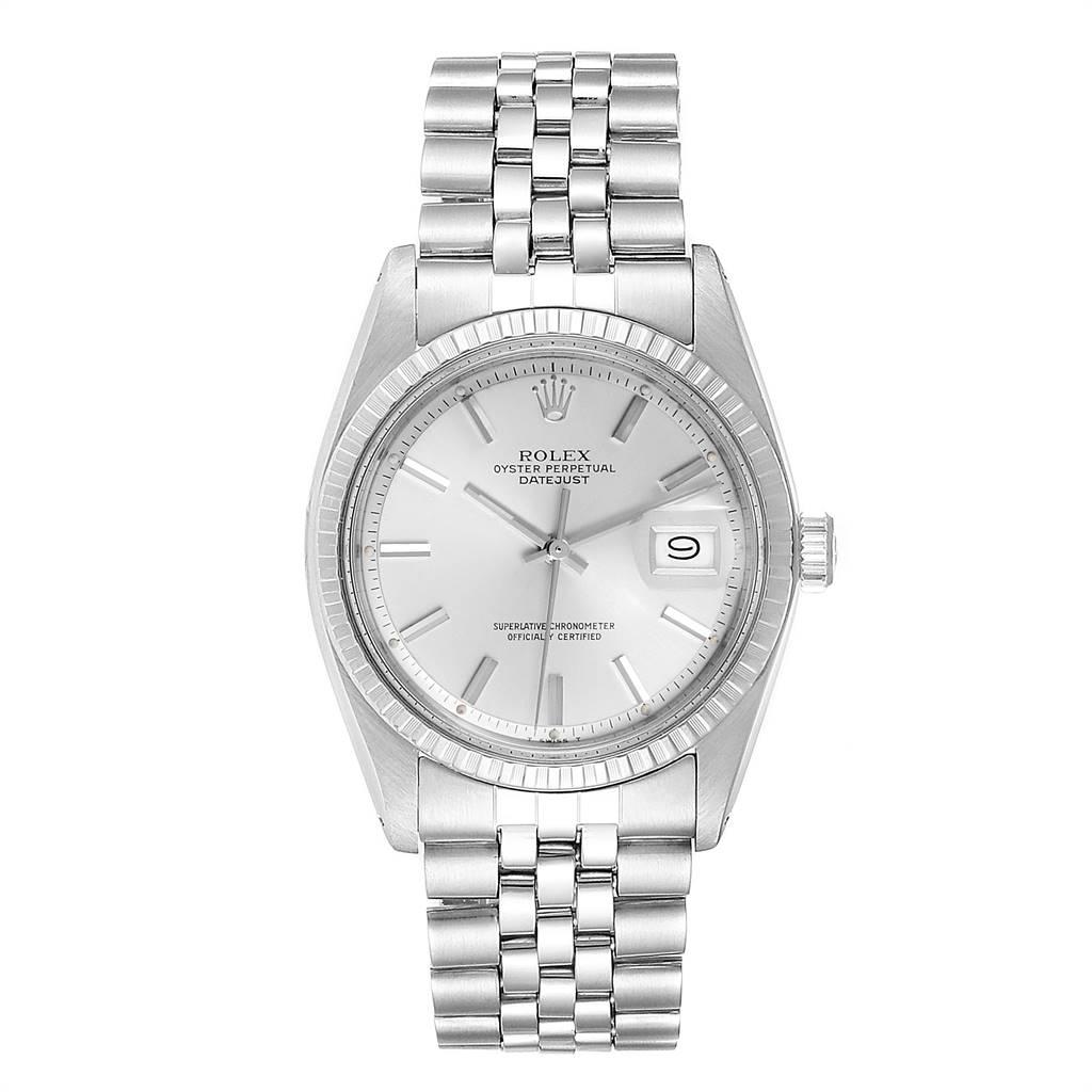 Rolex Datejust Steel White Gold Silver Dial Vintage Mens Watch 1601. Officially certified chronometer automatic self-winding movement. Stainless steel case 36 mm in diameter. Rolex logo on a crown. 18K white gold fluted bezel. Acrylic crystal with