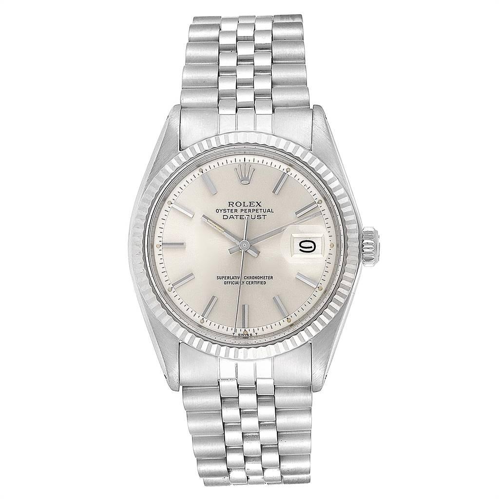 Rolex Datejust Steel White Gold Silver Dial Vintage Mens Watch 1601. Officially certified chronometer automatic self-winding movement. Stainless steel case 36 mm in diameter. Rolex logo on a crown. 18K white gold fluted bezel. Acrylic crystal with