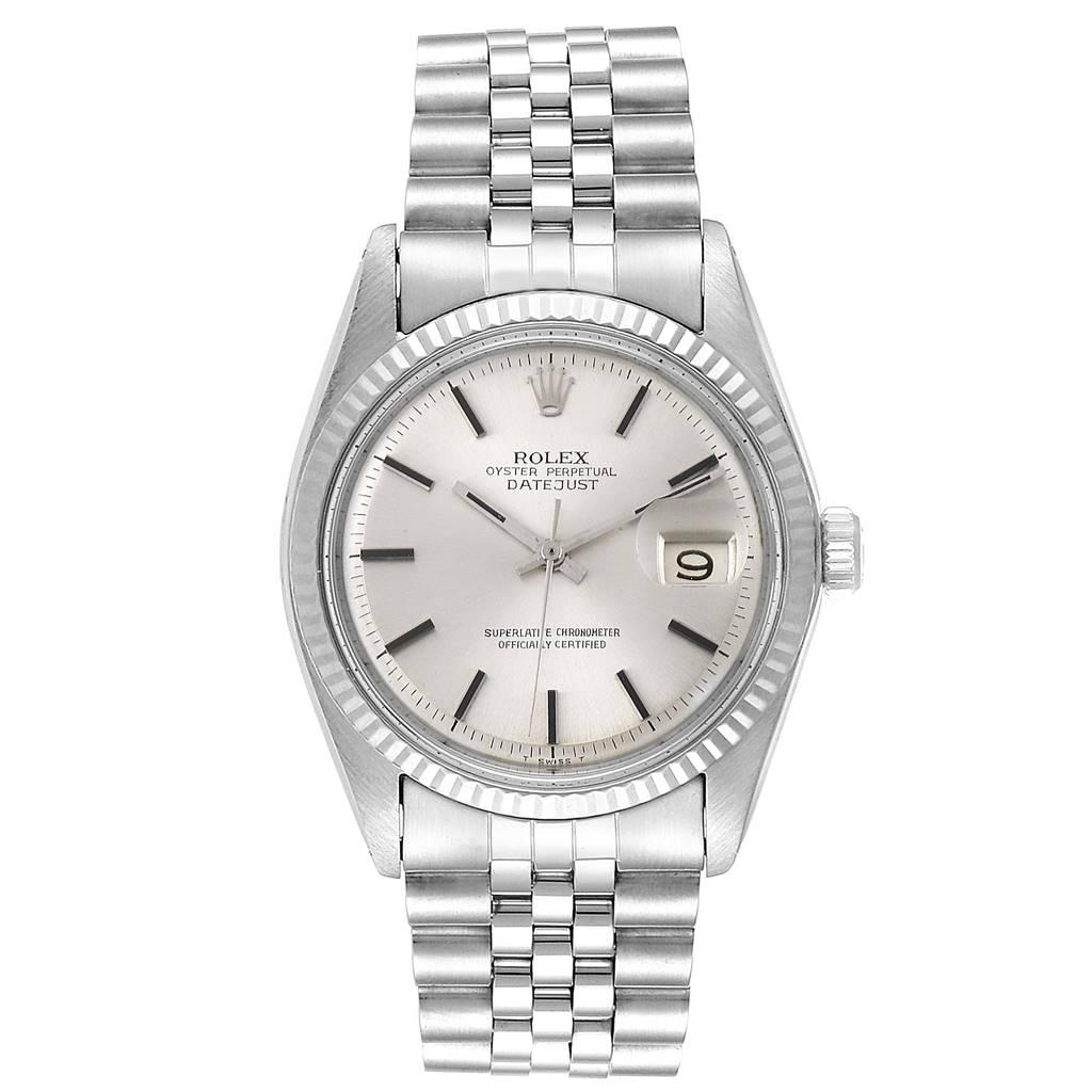 Rolex Datejust Steel White Gold Silver Dial Vintage Mens Watch 1601. Officially certified chronometer automatic self-winding movement. Stainless steel case 36 mm in diameter. Rolex logo on a crown. 18K white gold fluted bezel. Acrylic crystal with
