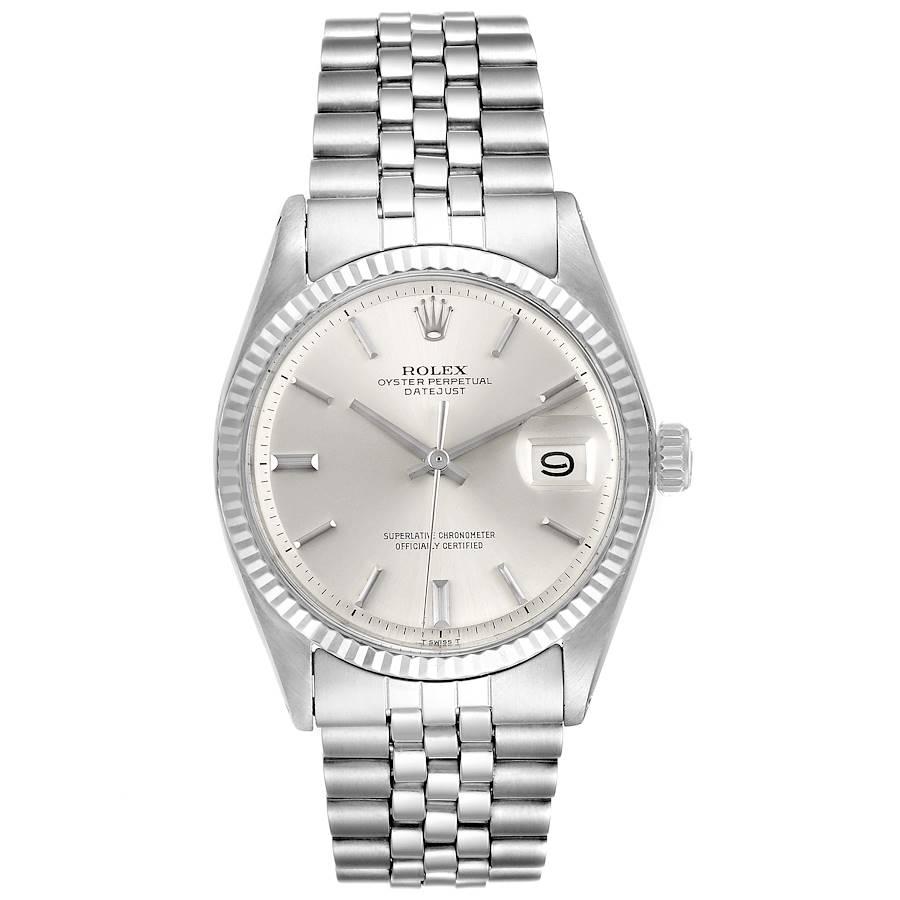 Rolex Datejust Steel White Gold Silver Dial Vintage Mens Watch 1601. Officially certified chronometer self-winding movement. Stainless steel oyster case 36 mm in diameter. Rolex logo on a crown. 18k white gold fluted bezel. Acrylic crystal with