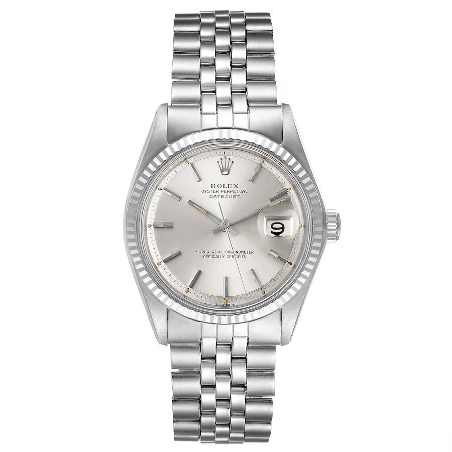 Rolex Datejust Steel White Gold Silver Dial Vintage Mens Watch 1601. Officially certified chronometer self-winding movement. Stainless steel oyster case 36 mm in diameter. Rolex logo on a crown. 18k white gold fluted bezel. Acrylic crystal with