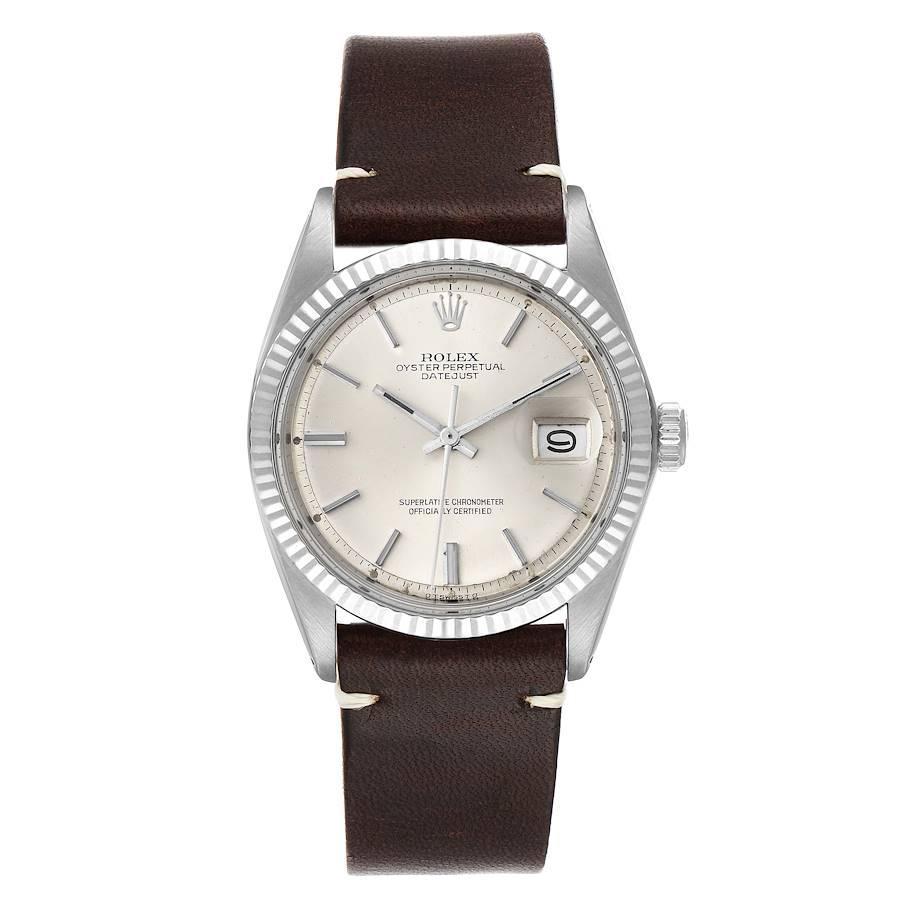 Rolex Datejust Steel White Gold Silver Dial Vintage Mens Watch 1601. Officially certified chronometer self-winding movement. Stainless steel oyster case 36 mm in diameter. Rolex logo on a crown. 18k white gold fluted bezel. Acrylic crystal with