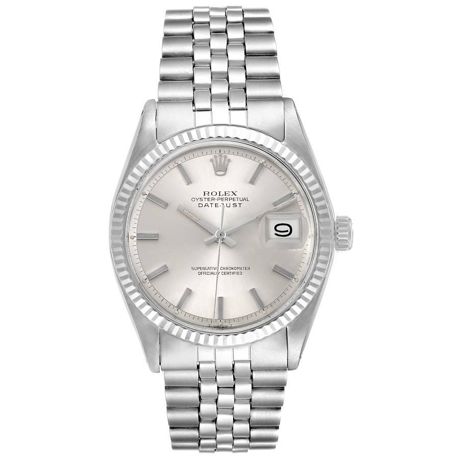 Rolex Datejust Stahl Weißgold Silber Zifferblatt Vintage Herrenuhr 1601. Offiziell zertifiziertes Chronometerwerk mit automatischem Aufzug. Oyster-Gehäuse aus Edelstahl mit einem Durchmesser von 36 mm. Rolex-Logo auf einer Krone. geriffelte Lünette