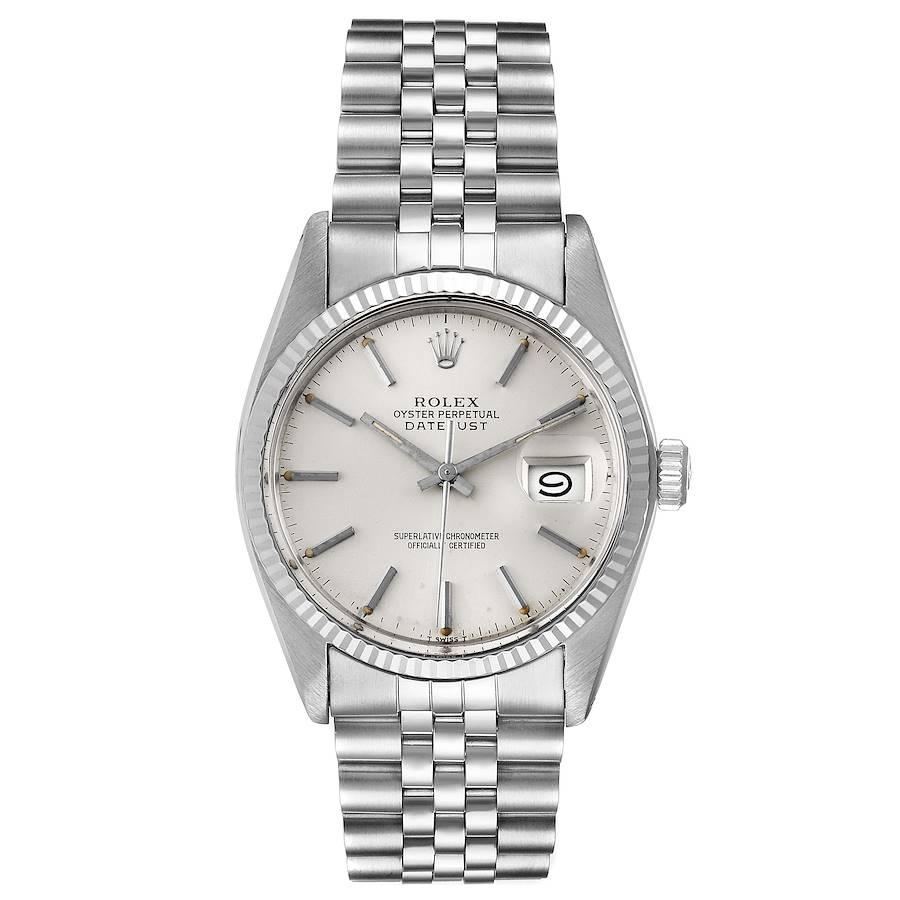 Rolex Datejust Steel White Gold Silver Dial Vintage Mens Watch 16014. Officially certified chronometer self-winding movement. 3035. 18k white gold fluted bezel. Acrylic crystal with cyclops magnifier. Silver dial with raised baton hour markers. Bar