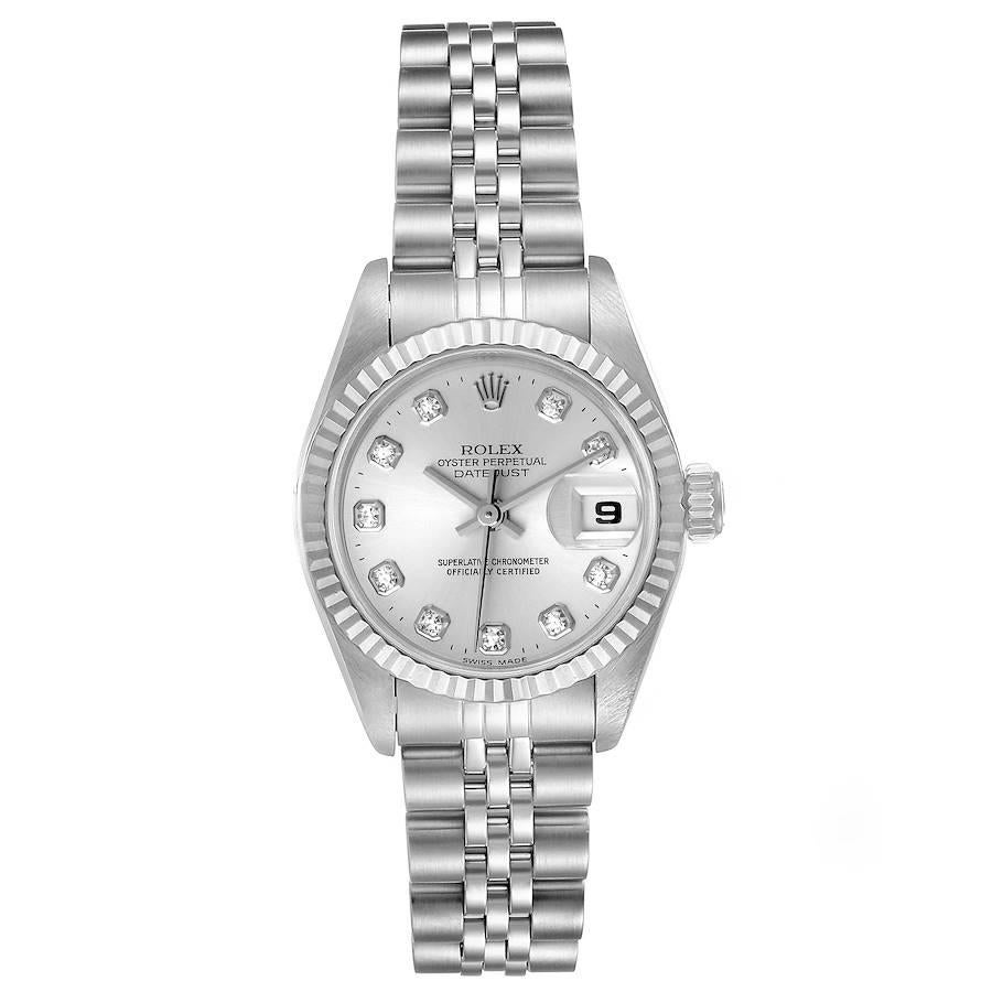 Rolex Datejust Steel White Gold Silver Diamond Dial Ladies Watch 69174. Officially certified chronometer self-winding movement. Stainless steel oyster case 26.0 mm in diameter. Rolex logo on a crown. 18k white gold fluted bezel. Scratch resistant