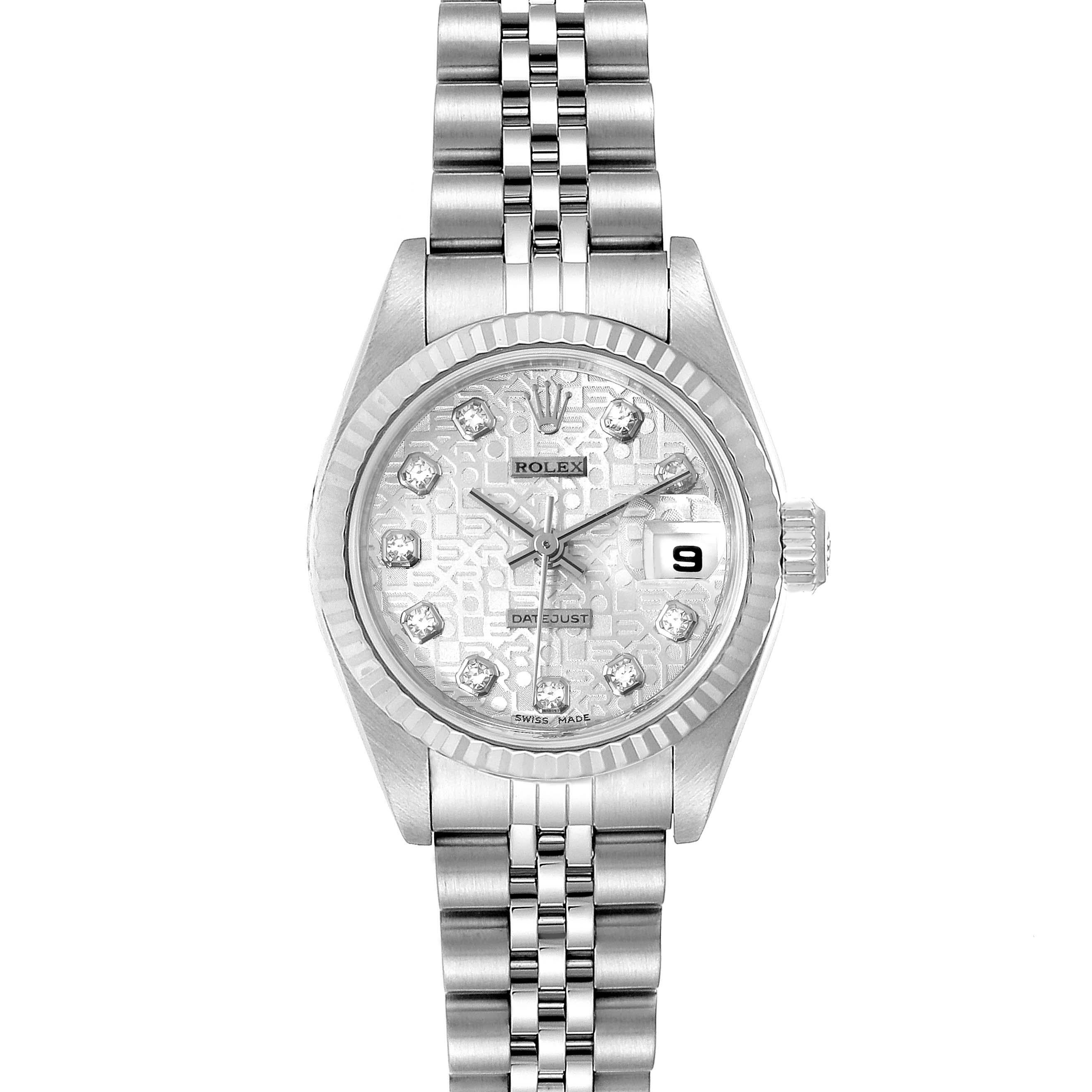 Rolex Datejust Steel White Gold Silver Diamond Dial Ladies Watch 79174. Officially certified chronometer self-winding movement. Stainless steel oyster case 26.0 mm in diameter. Rolex logo on a crown. 18k white gold fluted bezel. Scratch resistant