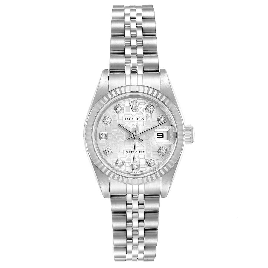 Rolex Datejust Steel White Gold Silver Diamond Dial Ladies Watch 79174. Officially certified chronometer self-winding movement. Stainless steel oyster case 26.0 mm in diameter. Rolex logo on a crown. 18k white gold fluted bezel. Scratch resistant