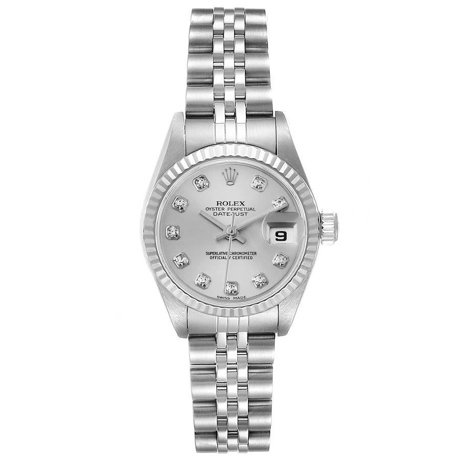 Rolex Datejust Steel White Gold Silver Diamond Dial Ladies Watch 79174. Officially certified chronometer self-winding movement. Stainless steel oyster case 26.0 mm in diameter. Rolex logo on a crown. 18K white gold fluted bezel. Scratch resistant