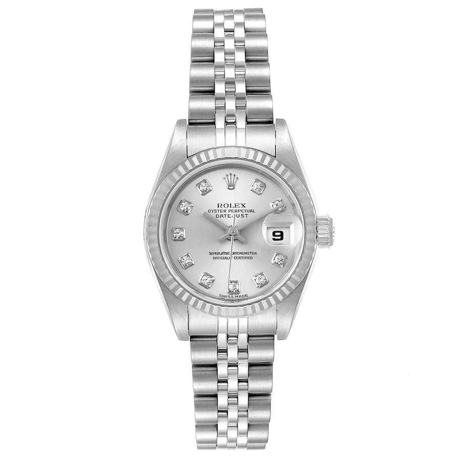 Rolex Datejust Steel White Gold Silver Diamond Dial Ladies Watch 79174. Officially certified chronometer self-winding movement. Stainless steel oyster case 26.0 mm in diameter. Rolex logo on a crown. 18K white gold fluted bezel. Scratch resistant
