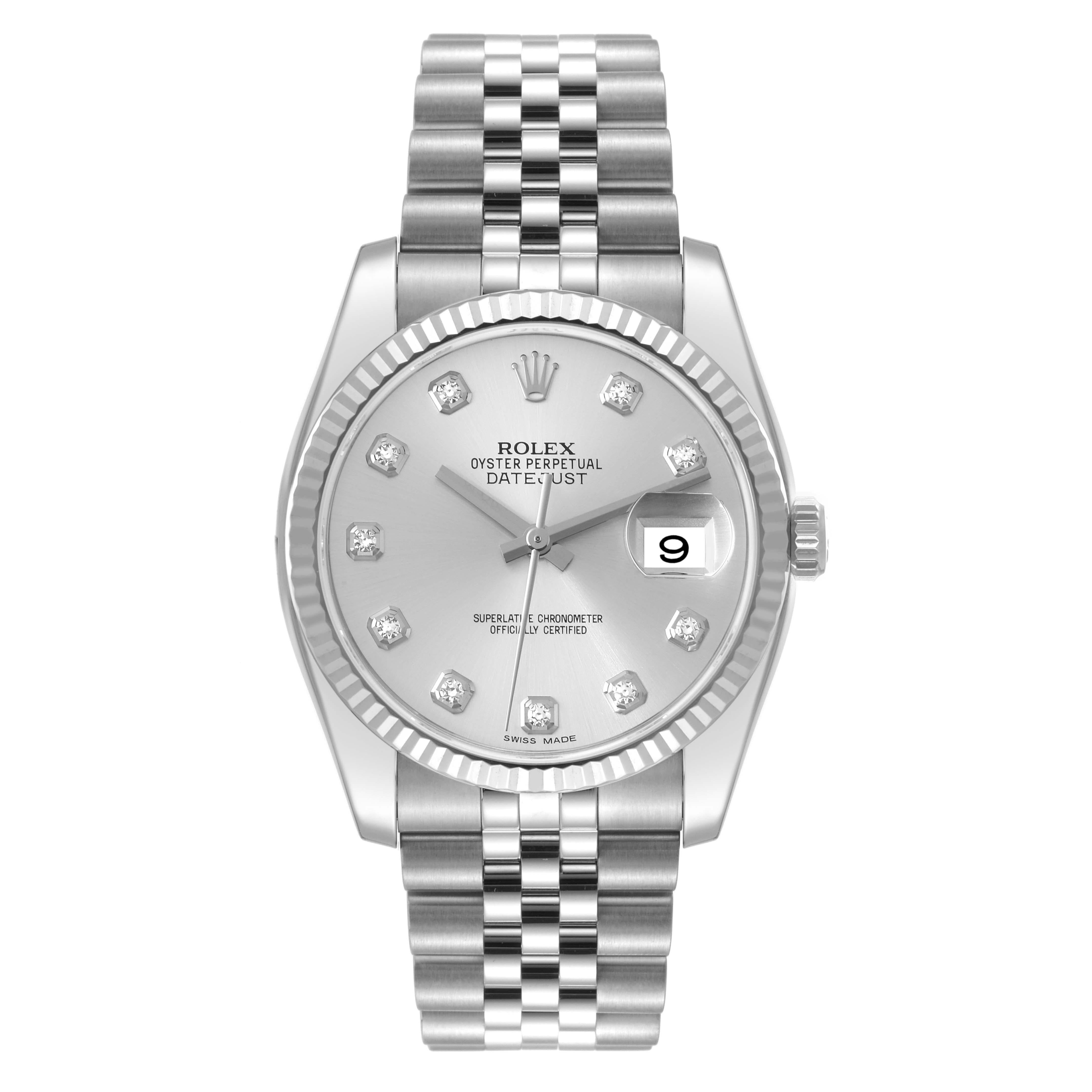 Rolex Datejust Steel White Gold Silver Diamond Dial Mens Watch 116234. Officially certified chronometer automatic self-winding movement. Stainless steel case 36.0 mm in diameter. Rolex logo on the crown. 18K white gold fluted bezel. Scratch