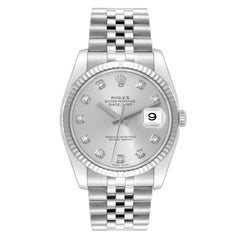 Rolex Datejust Steel White Gold Silver Diamond Dial Mens Watch 116234