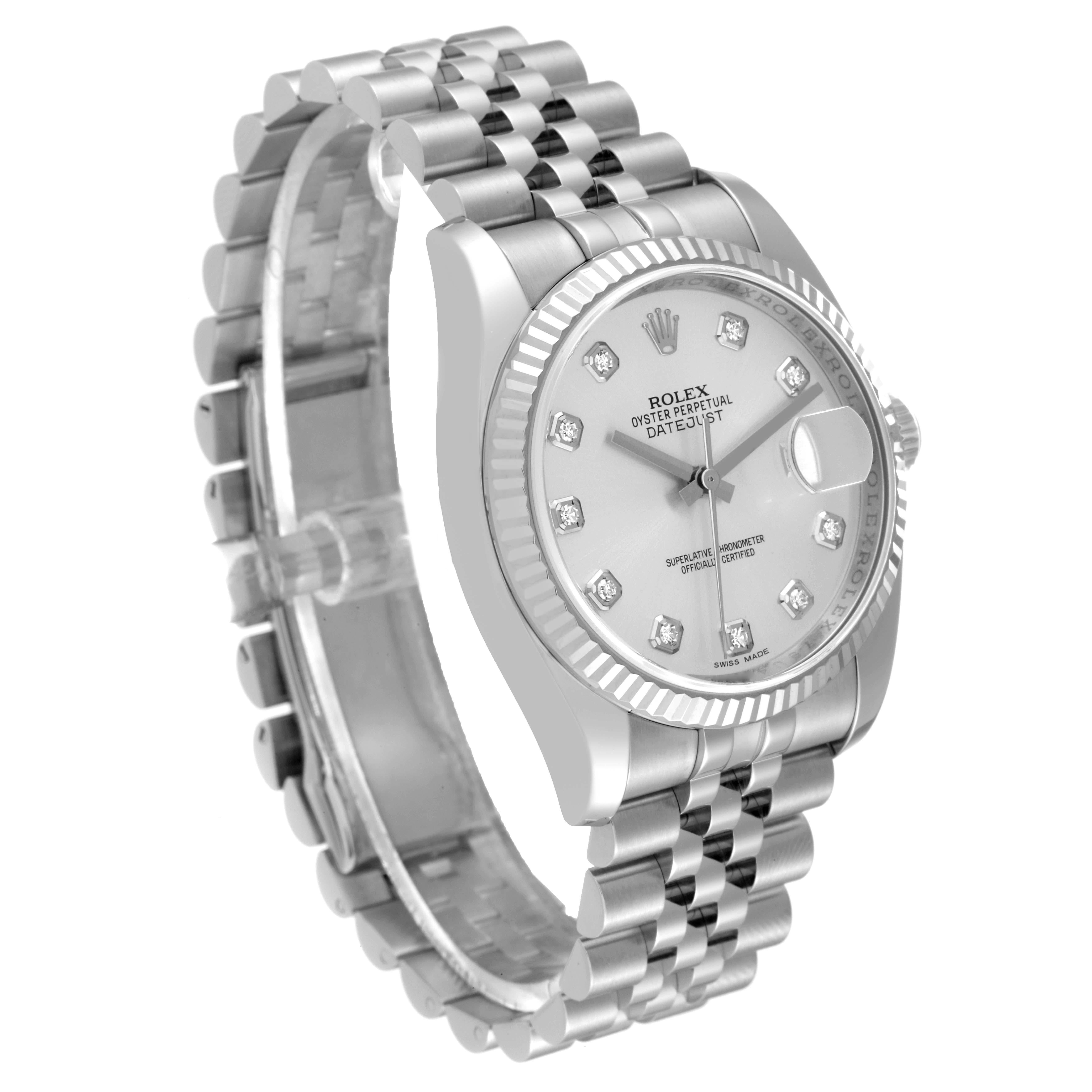 Rolex Datejust Steel White Gold Silver Diamond Dial Mens Watch 116234 In Excellent Condition In Atlanta, GA