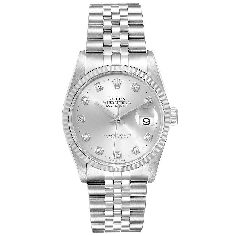 Rolex Datejust Steel White Gold Silver Diamond Dial Mens Watch 16234 Box. Officially certified chronometer self-winding movement. Stainless steel oyster case 36.0 mm in diameter. Rolex logo on a crown. 18k white gold fluted bezel. Scratch resistant