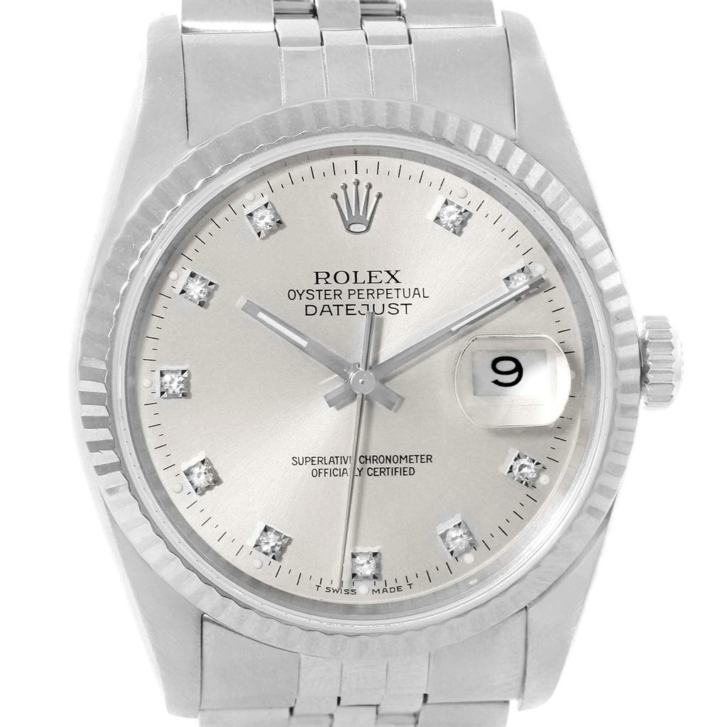 Rolex Datejust Steel White Gold Silver Diamond Dial Mens Watch 16234. Officially certified chronometer automatic self-winding movement. Stainless steel oyster case 36.0 mm in diameter. Rolex logo on a crown. 18k white gold fluted bezel. Scratch