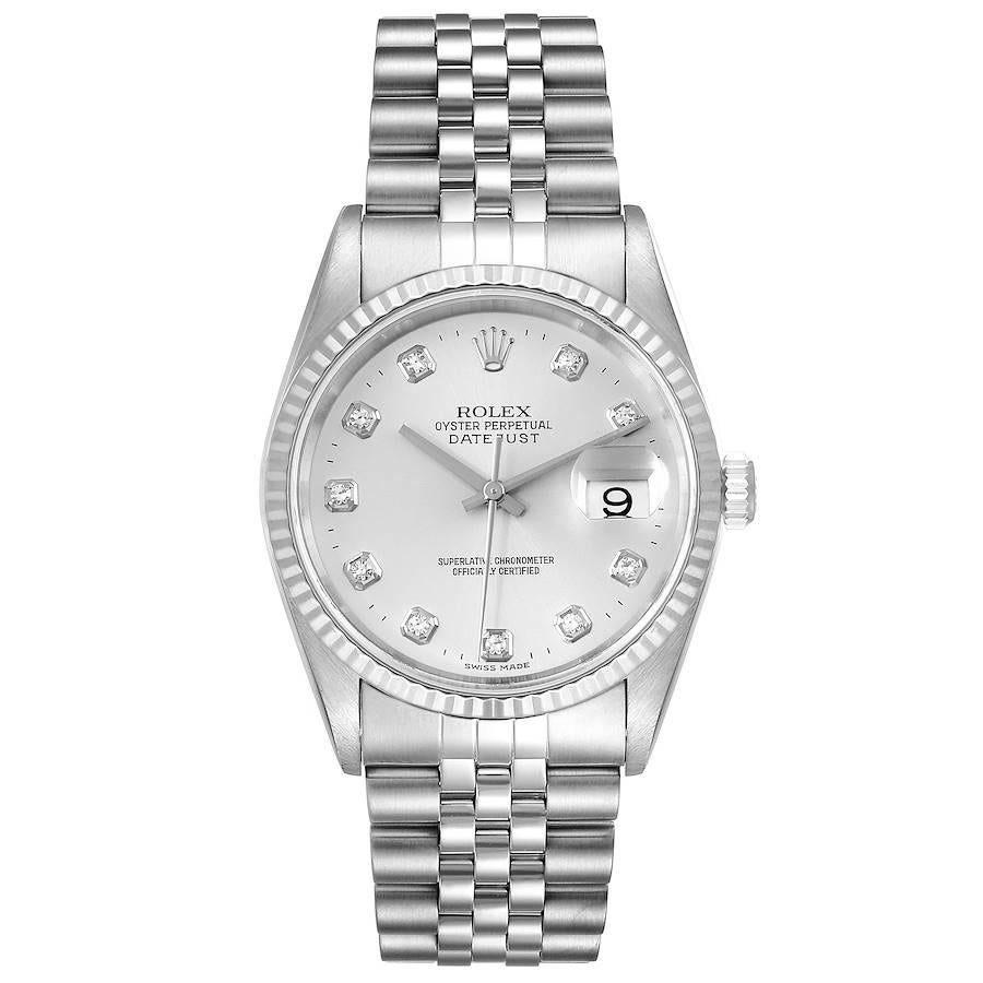 Rolex Datejust Steel White Gold Silver Diamond Dial Mens Watch 16234. Officially certified chronometer self-winding movement. Stainless steel oyster case 36.0 mm in diameter. Rolex logo on a crown. 18k white gold fluted bezel. Scratch resistant