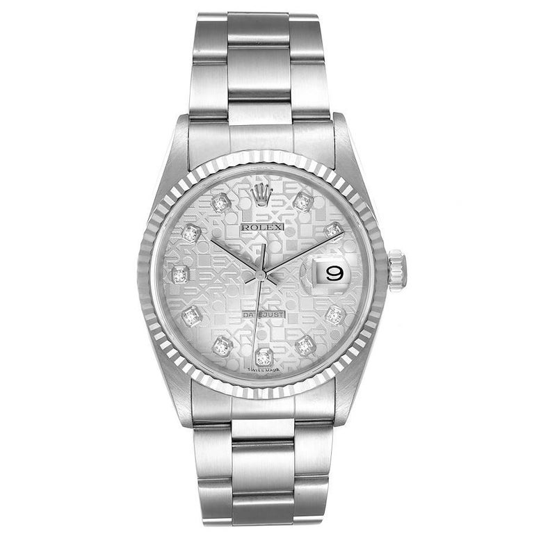 Rolex Datejust Steel White Gold Silver Diamond Dial Mens Watch 16234. Officially certified chronometer self-winding movement. Stainless steel oyster case 36.0 mm in diameter. Rolex logo on a crown. 18k white gold fluted bezel. Scratch resistant