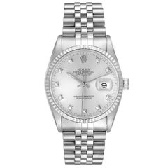 Rolex Datejust Steel White Gold Silver Diamond Dial Mens Watch 16234