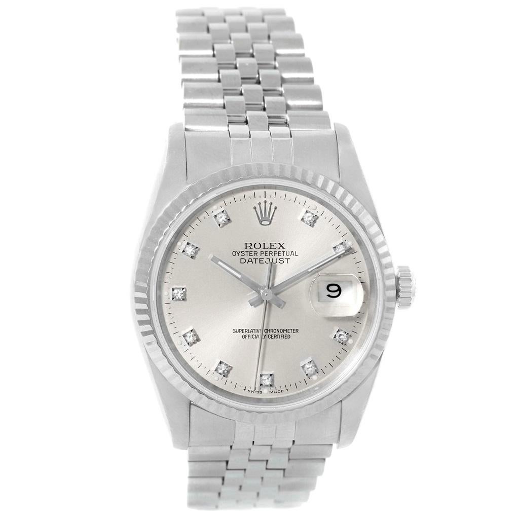 Rolex Datejust Steel White Gold Silver Diamond Dial Men’s Watch 16234 In Good Condition For Sale In Atlanta, GA
