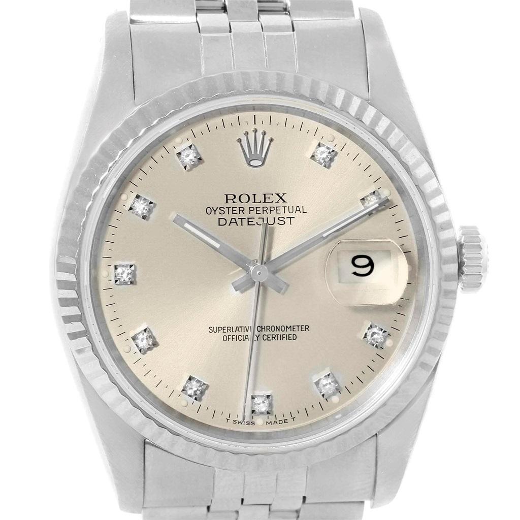 Rolex Datejust Steel White Gold Silver Diamond Dial Men's Watch 16234 In Good Condition In Atlanta, GA
