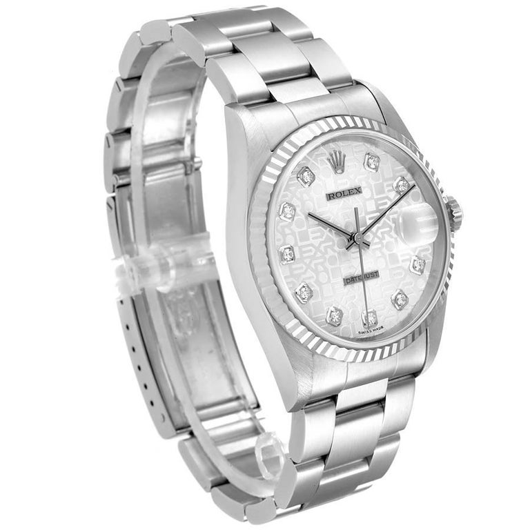 Rolex Datejust Steel White Gold Silver Diamond Dial Mens Watch 16234 In Excellent Condition For Sale In Atlanta, GA