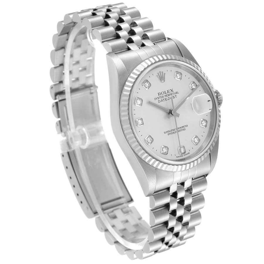 Rolex Datejust Steel White Gold Silver Diamond Dial Mens Watch 16234 In Excellent Condition In Atlanta, GA