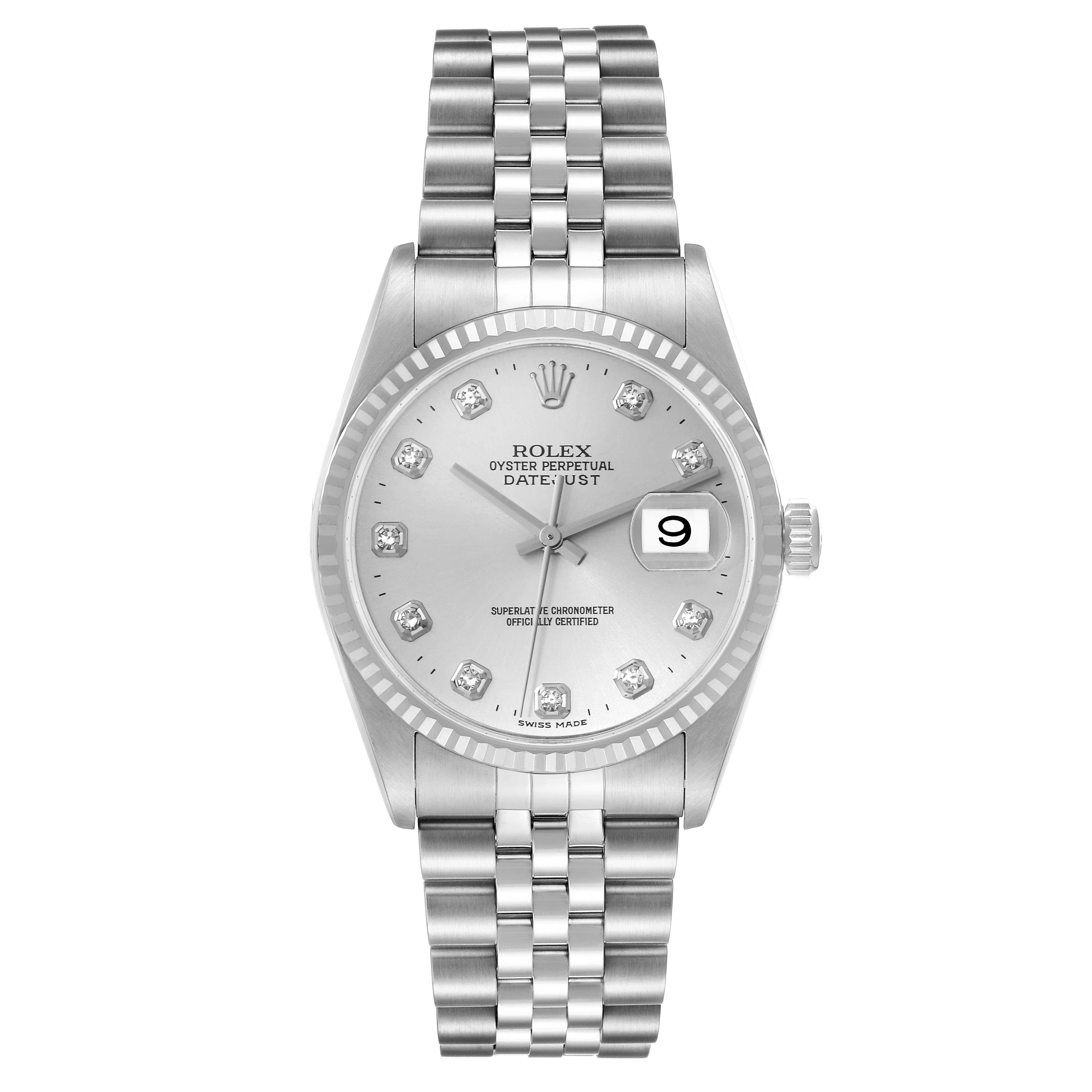 Rolex Datejust Steel White Gold Silver Diamond Dial Mens Watch 16234 1