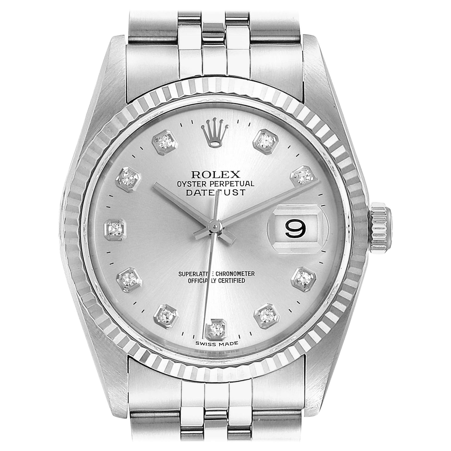 Rolex Datejust Steel White Gold Silver Diamond Dial Men's Watch 16234 For Sale