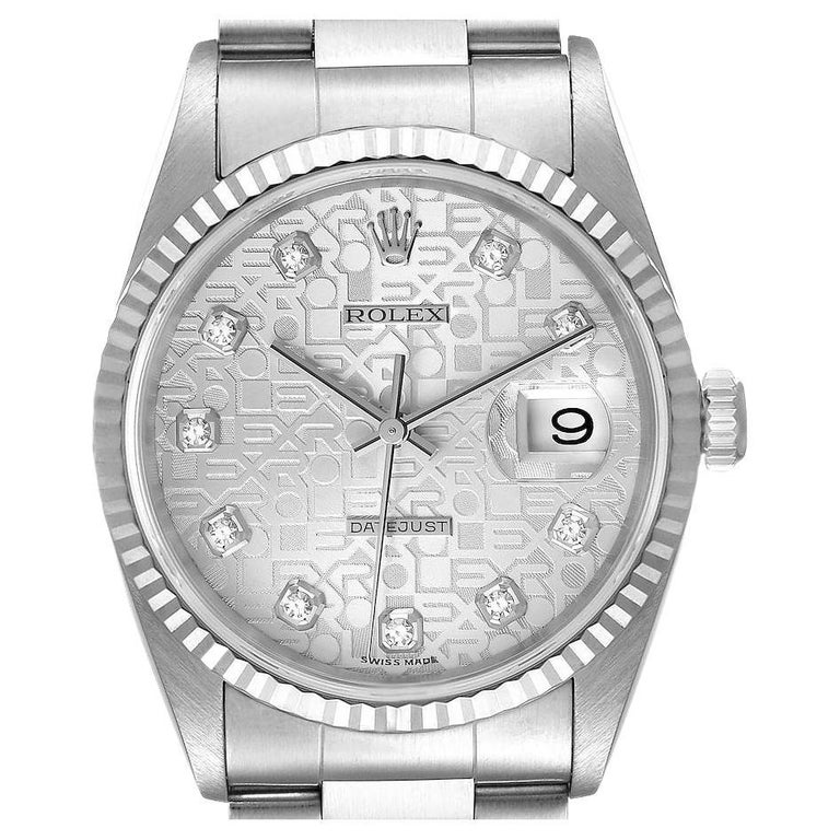 Rolex Datejust Steel White Gold Silver Diamond Dial Mens Watch 16234 For Sale