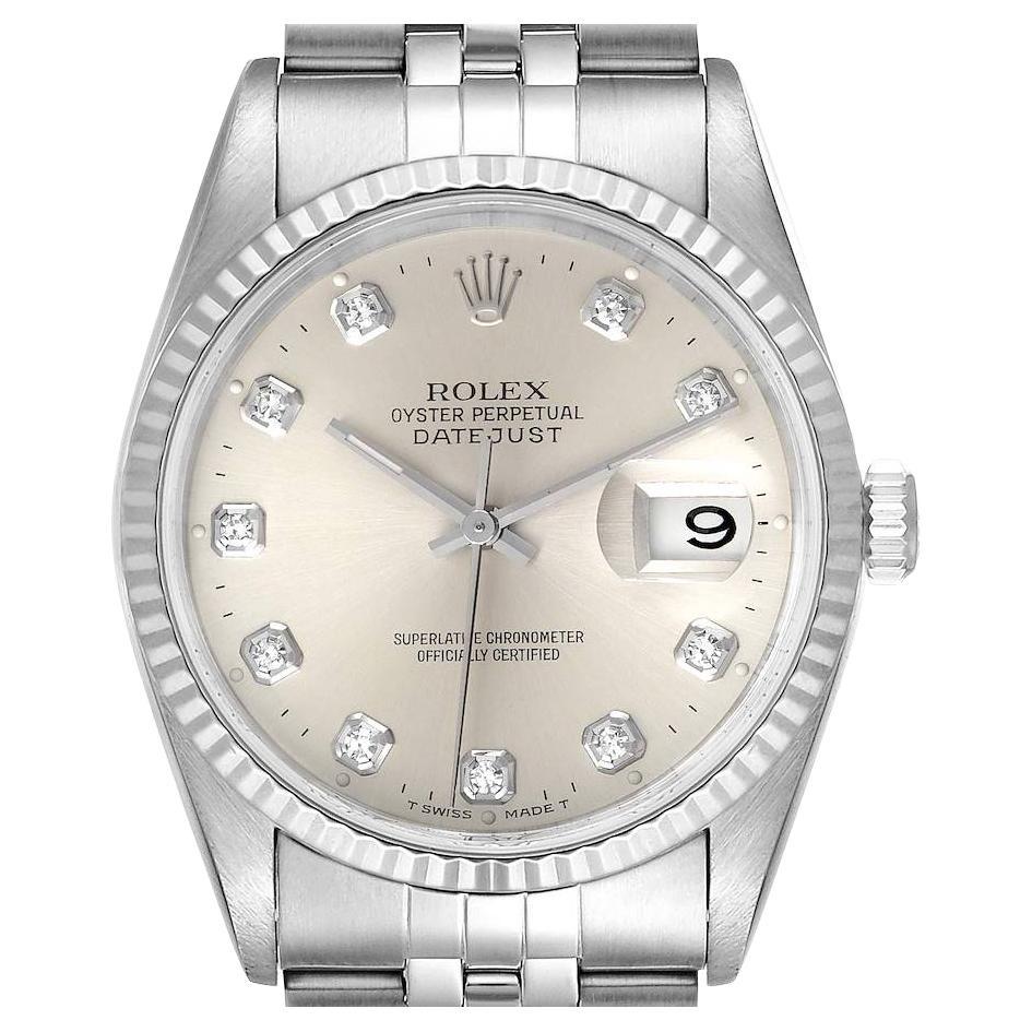 Rolex Datejust Steel White Gold Silver Diamond Dial Mens Watch 16234