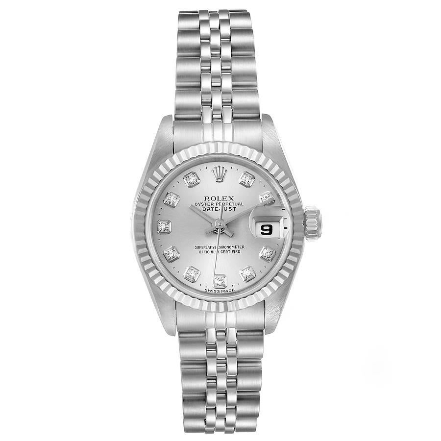 Rolex Datejust Steel White Gold Silver Diamond Dial Watch 69174 Box Papers. Officially certified chronometer self-winding movement. Stainless steel oyster case 26.0 mm in diameter. Rolex logo on a crown. 18k white gold fluted bezel. Scratch
