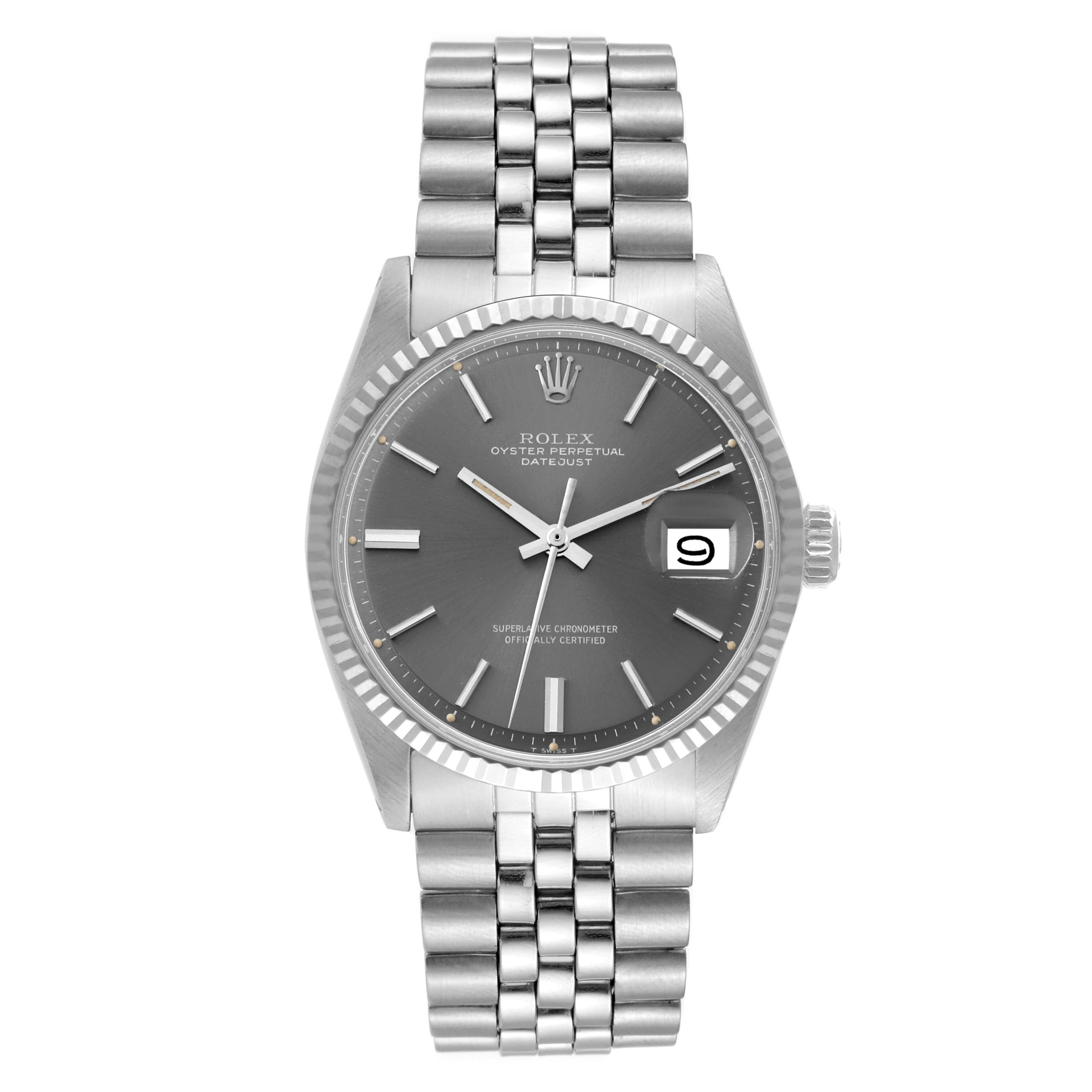 Rolex Datejust Steel White Gold Silver Grey Dial Vintage Mens Watch 1601. Officially certified chronometer automatic self-winding movement. Stainless steel oyster case 36 mm in diameter. Rolex logo on the crown. 18k white gold fluted bezel. Acrylic