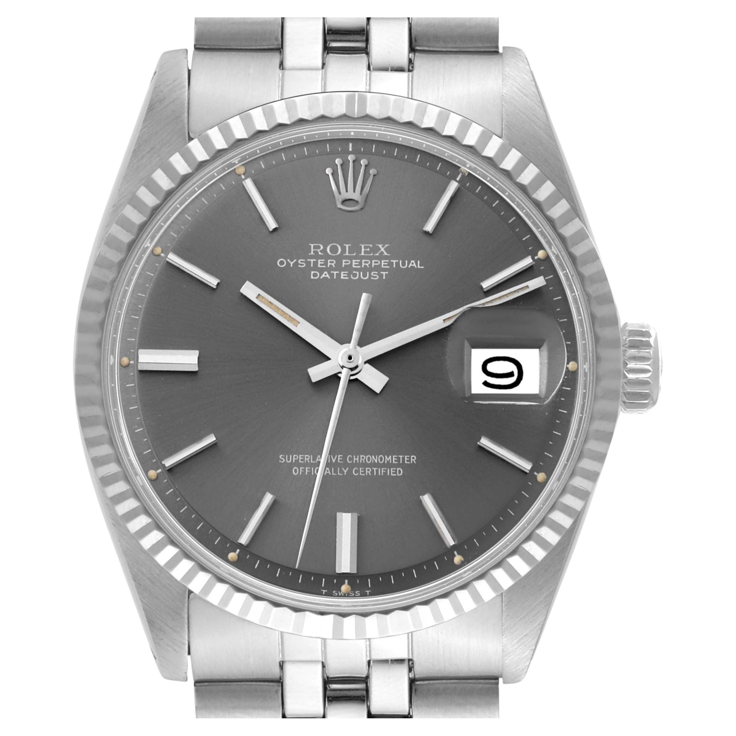 Rolex Datejust Steel White Gold Silver Grey Dial Vintage Mens Watch 1601