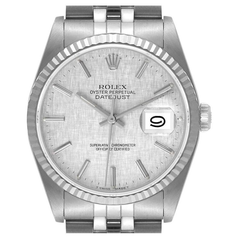 Rolex Datejust Steel White Gold Silver Linen Dial Mens Watch 16234 For ...