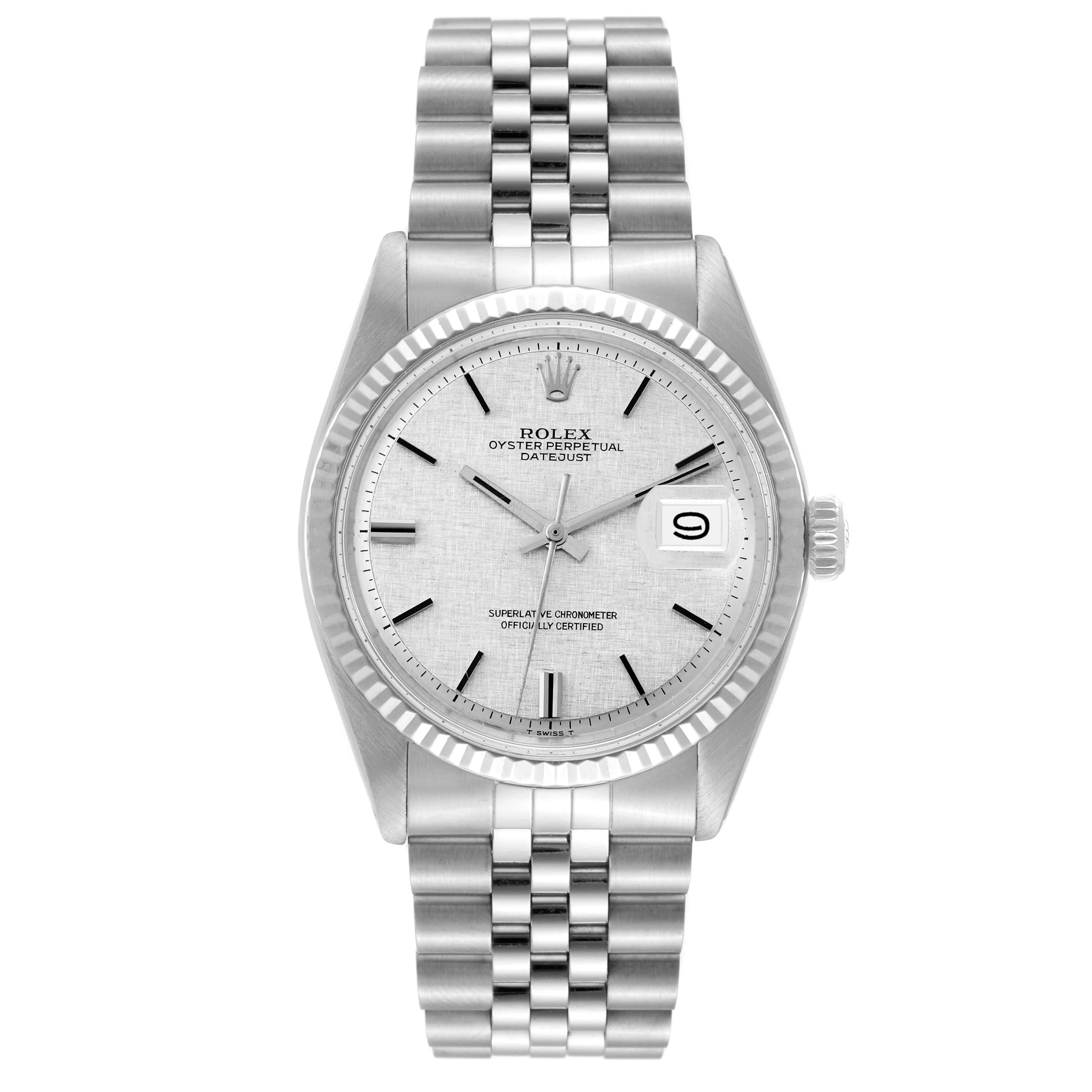 Rolex Datejust Steel White Gold Silver Linen Dial Vintage Mens Watch 1601. Officially certified chronometer automatic self-winding movement. Stainless steel oyster case 36 mm in diameter. Rolex logo on the crown. 18k white gold fluted bezel. Acrylic