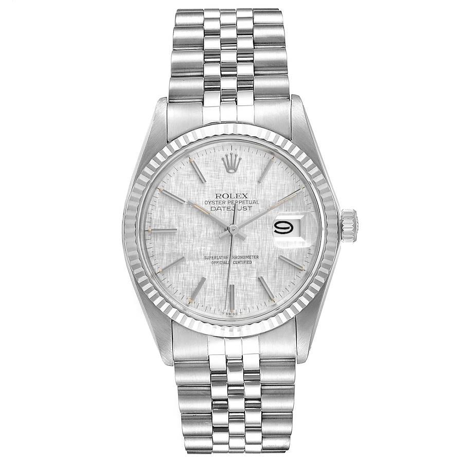 Rolex Datejust Steel White Gold Silver Linen Dial Vintage Watch 16014. Officially certified chronometer self-winding movement. Stainless steel oyster case 36 mm in diameter. Rolex logo on a crown. 18k white gold fluted bezel. Acrylic crystal with