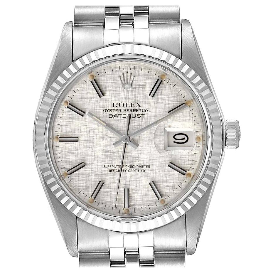 Rolex Datejust Steel White Gold Silver Linen Dial Vintage Watch 16014 For Sale