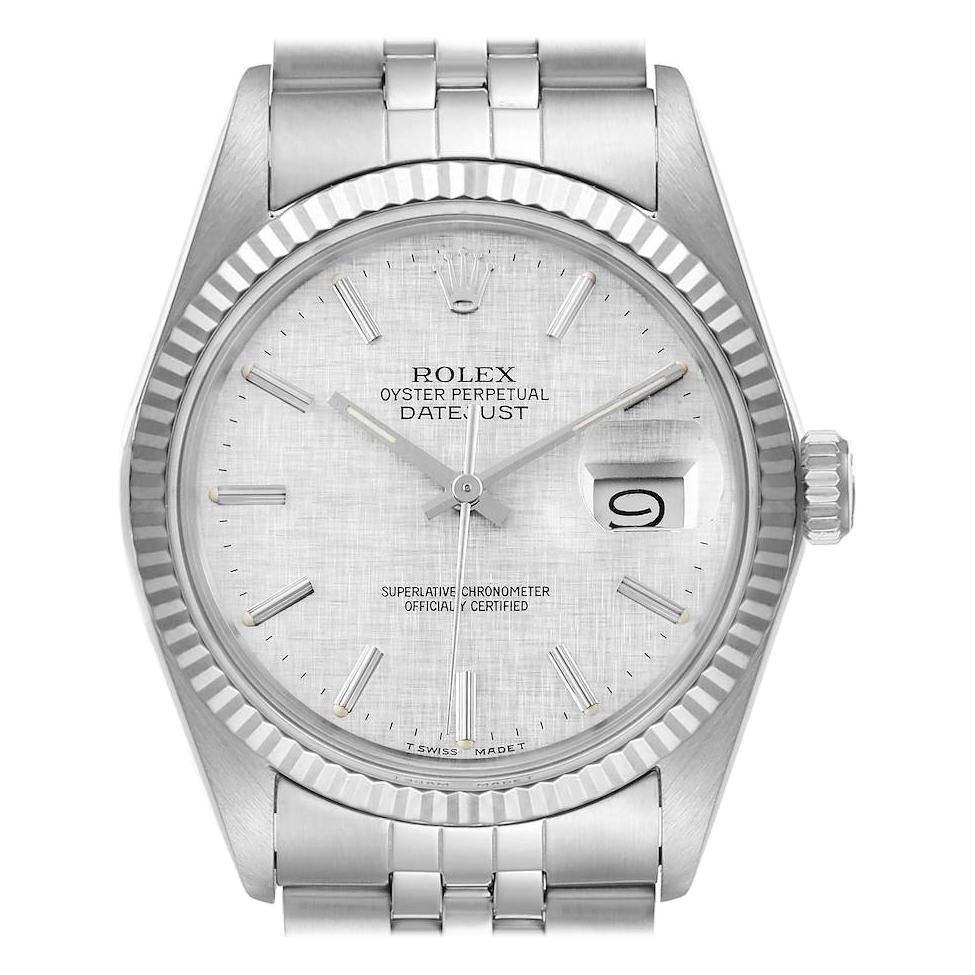 Rolex Datejust Steel White Gold Silver Linen Dial Vintage Watch 16014 For Sale