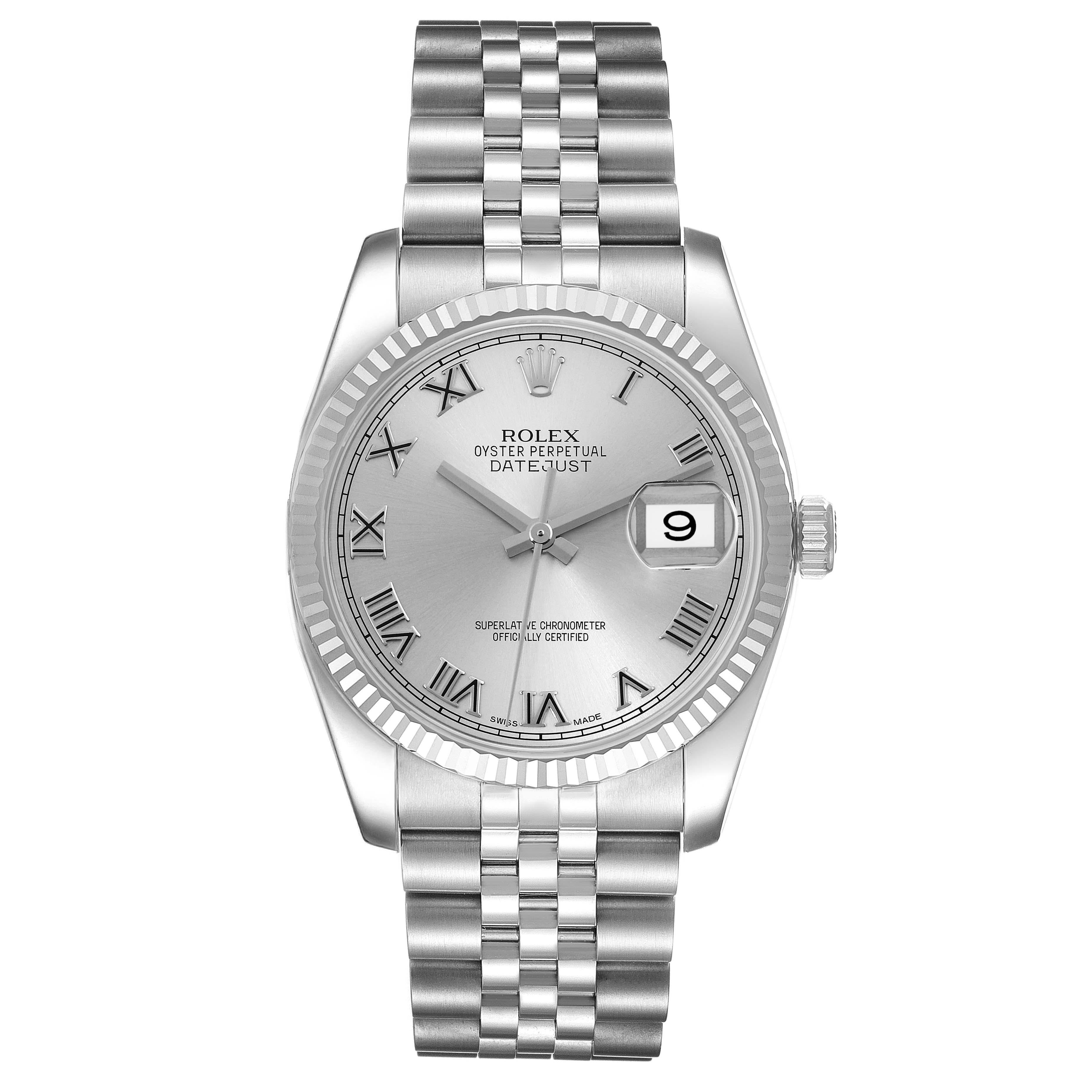 Rolex Datejust Steel White Gold Silver Roman Dial Mens Watch 116234. Officially certified chronometer self-winding movement. Stainless steel case 36.0 mm in diameter.  Rolex logo on a crown. 18K white gold fluted bezel. Scratch resistant sapphire