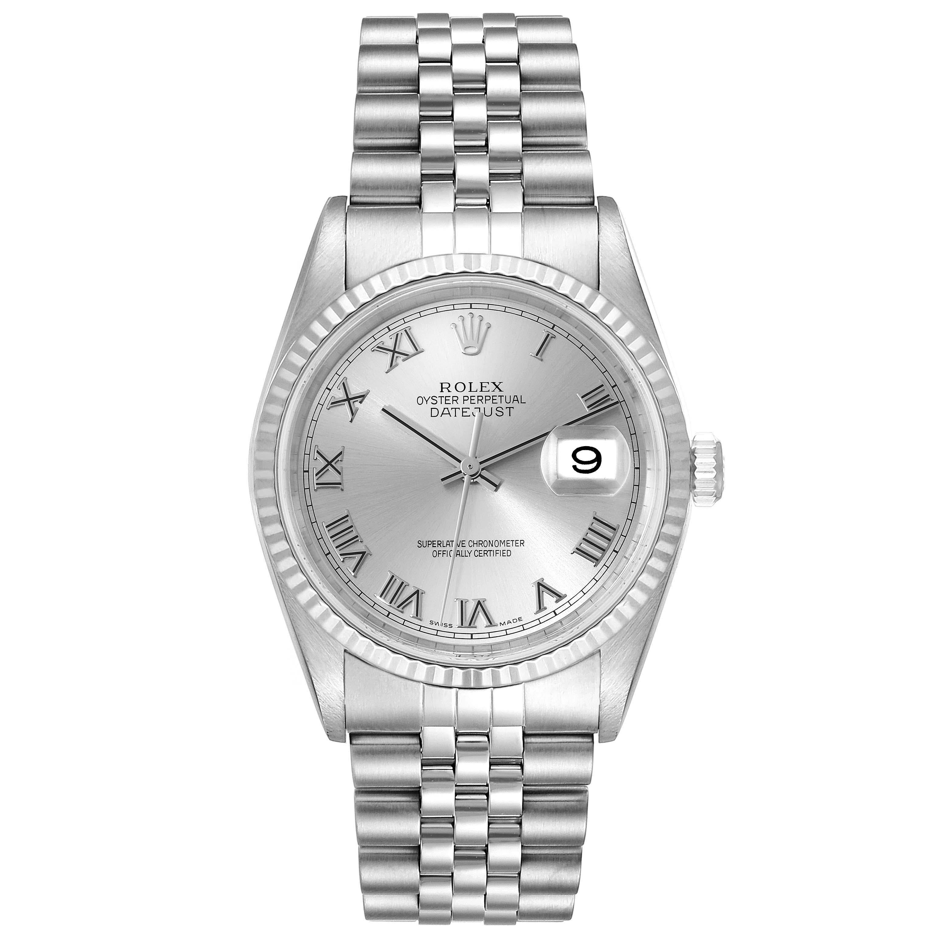 Rolex Datejust Steel White Gold Silver Roman Dial Mens Watch 16234. Officially certified chronometer automatic self-winding movement. Stainless steel oyster case 36 mm in diameter. Rolex logo on the crown. 18k white gold fluted bezel. Scratch