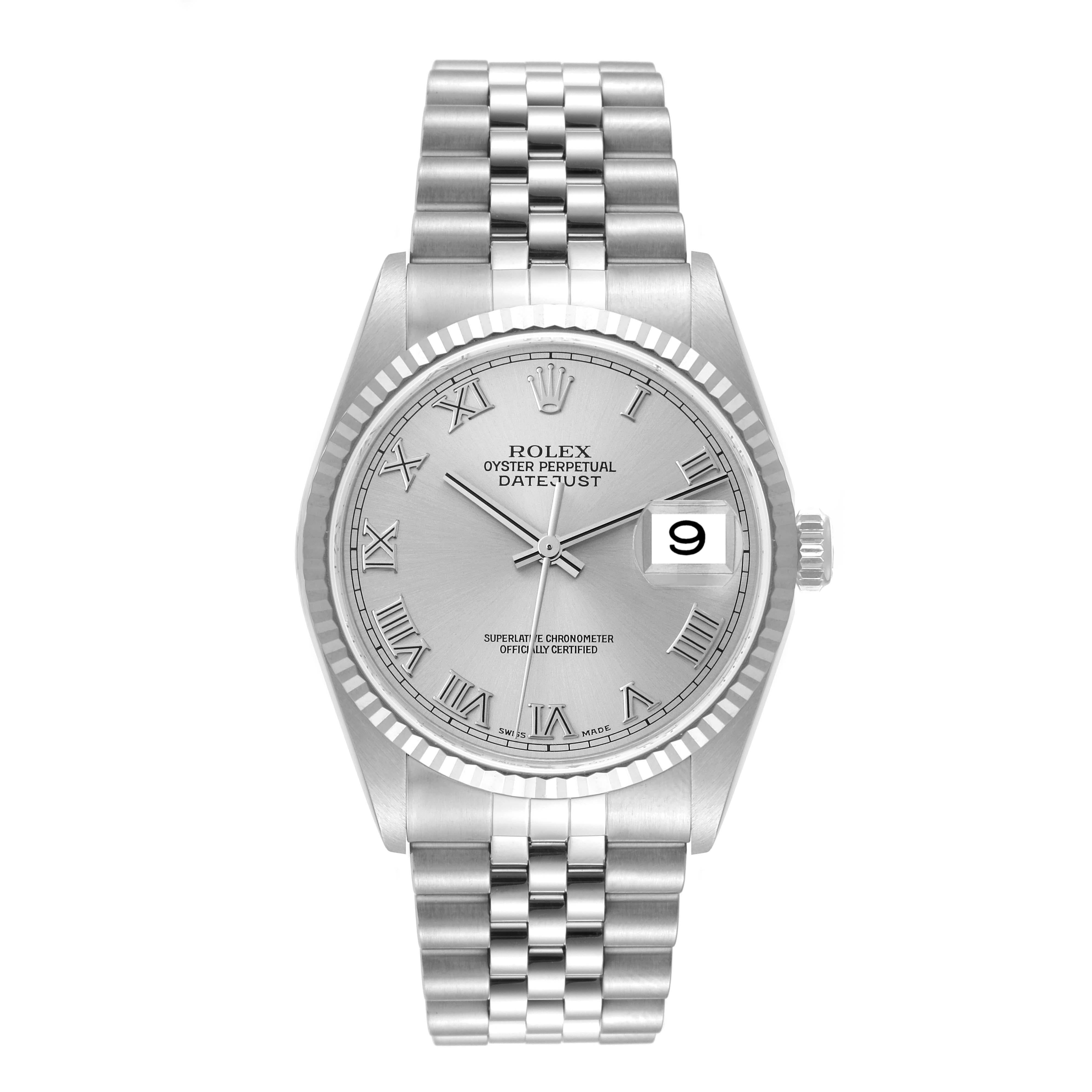 Rolex Datejust Steel White Gold Silver Roman Dial Mens Watch 16234. Officially certified chronometer automatic self-winding movement. Stainless steel oyster case 36 mm in diameter. Rolex logo on the crown. 18k white gold fluted bezel. Scratch