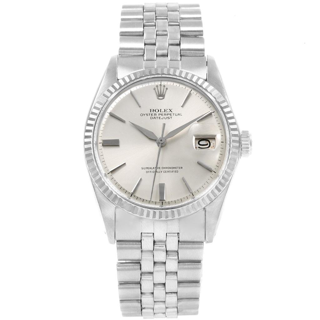 Rolex Datejust Steel White Gold Vintage Mens Watch 1601. Officially certified chronometer automatic self-winding movement. Stainless steel case 36 mm in diameter. Rolex logo on a crown. 18K white gold fluted bezel. Acrylic crystal with cyclops