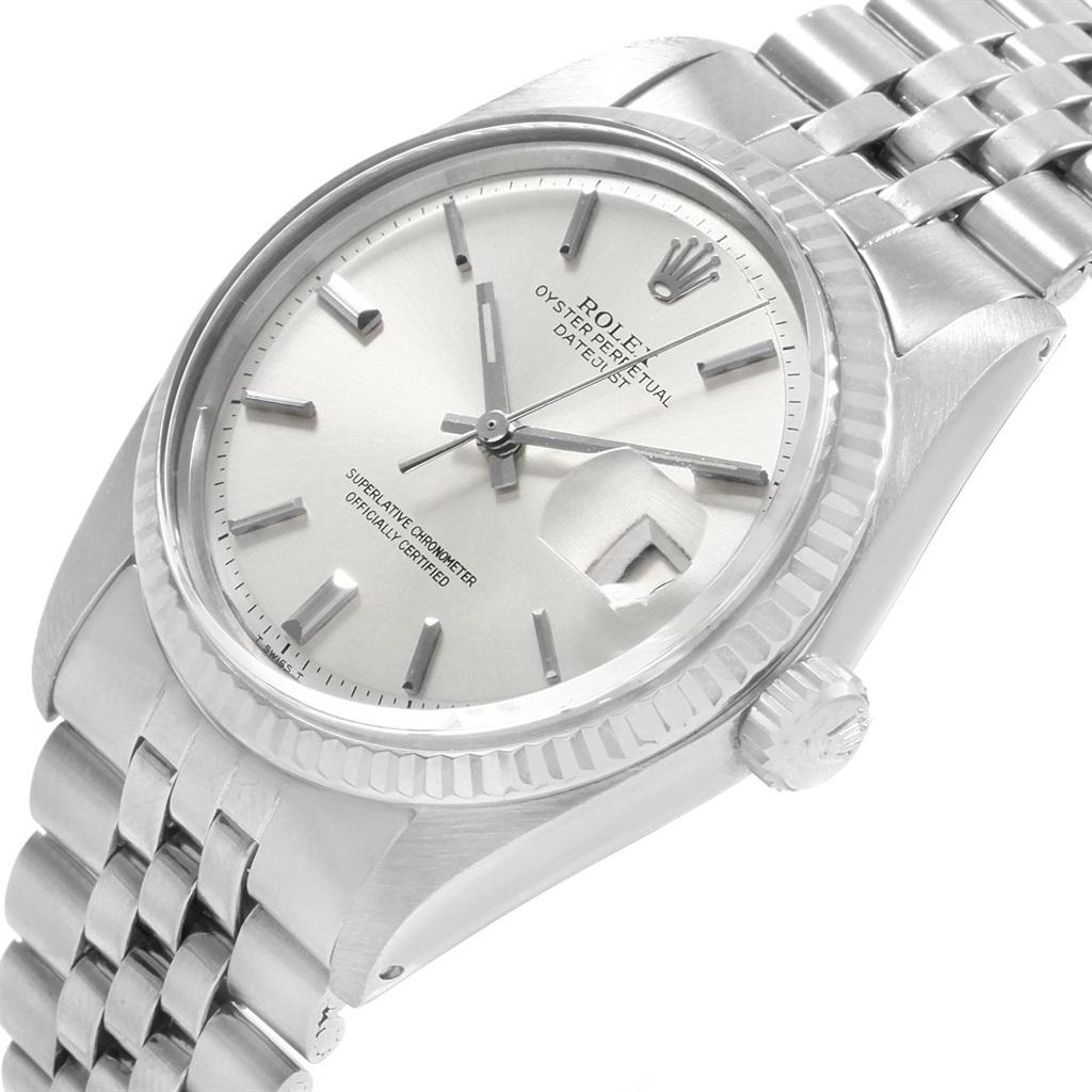 Rolex Datejust Steel White Gold Vintage Mens Watch 1601 Year 1971. Officially certified chronometer automatic self-winding movement. Stainless steel case 36 mm in diameter. Rolex logo on a crown. 18k white gold fluted bezel. Acrylic crystal with
