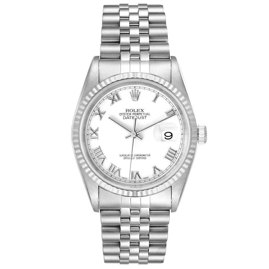 Rolex Datejust Stahl Weißgold Weißes Zifferblatt Jubilee Armbanduhr 16234. Offiziell zertifiziertes Chronometerwerk mit automatischem Aufzug. Gehäuse aus Edelstahl mit einem Durchmesser von 36.0 mm.  Rolex Logo auf einer Krone. Geriffelte Lünette